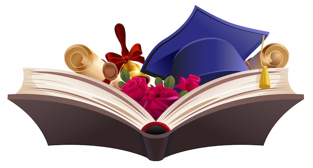 Vecteur symbole de l'éducation. livre, diplôme, cloche, fleurs et mortier