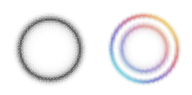 Vecteur symbole d'éléments de conception de jeu motif de cercle de points de cadre de demi-teinte modifiable sur fond blanc illustration vectorielle eps 10 cadre avec des points aléatoires noirs icône de bordure ronde utilisant le texte de points de cercle de demi-teinte