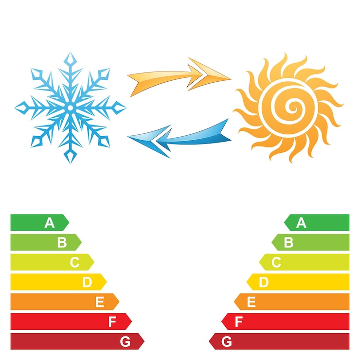 Vecteur symbole de flocon de neige et de soleil de climatisation avec tableaux de classe énergétique