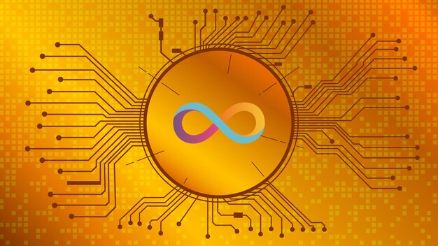 Symbole de jeton de crypto-monnaie Dfinity Internet Computer ICP en cercle avec des pistes de PCB sur fond d'or. Icône de devise pour la bannière ou les actualités. Illustration vectorielle.