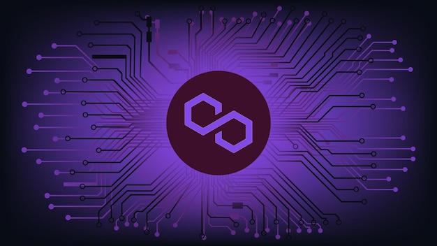 Symbole De Jeton De Crypto-monnaie Polygon Matic En Cercle Sur Fond Numérique Abstrait Avec Pistes De Carte Pcb. Icône De Pièce De Monnaie. Illustration Vectorielle.