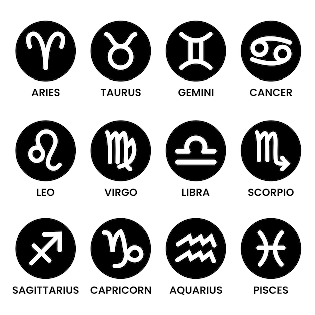 Symbole noir et blanc des signes du zodiaque forme de cercle isolé et fond blanc signe de constellation d'étoiles