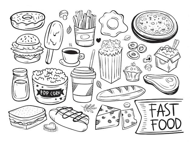 Vecteur symbole et objet de doodle de fast-food