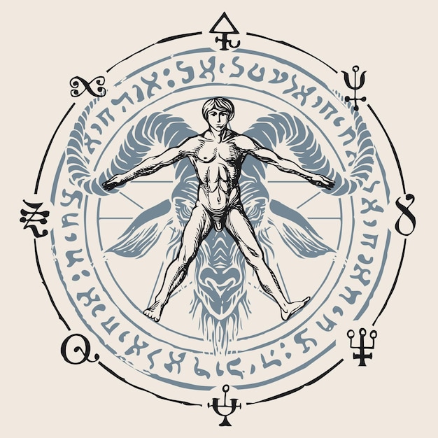 Vecteur symbole occulte avec homme de vitruve et tête de chèvre