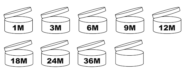 Vecteur symbole pao durée de vie vecteur icône cosmétique période ouverte utilisation logo 3 6 12 24 36 3m 6m 12m 24m 36m