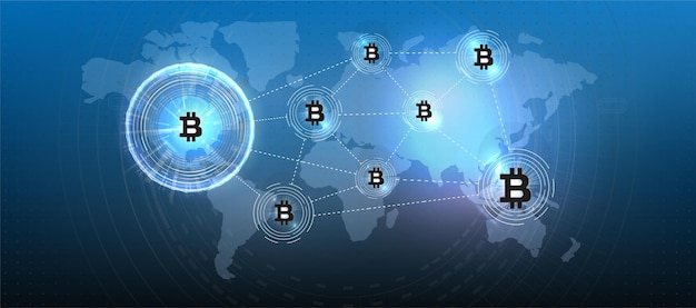 Symbole de pièce de monnaie de crypto-monnaie Bitcoin. Crypto monnaie, électronique virtuelle, argent Internet. Symbole de paiement. Contexte conceptuel Bitcoin avec des lumières électriques rougeoyantes bleues dans le style hud.
