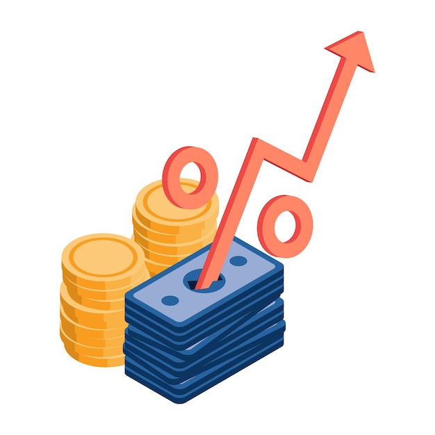 Vecteur symbole de pourcentage en hausse isométrique plat 3d hors de la pile d'argent concept d'augmentation des taux d'intérêt