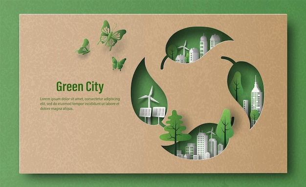 Vecteur un symbole de recyclage des feuilles avec une ville verte dans un style papier