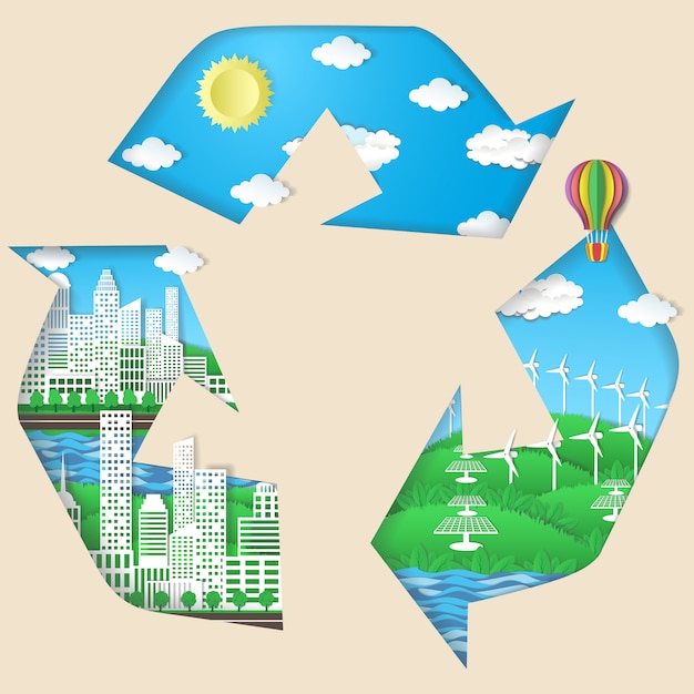 Symbole De Recyclage Avec La Ville écologique Verte, Panneaux Solaires, éoliennes, Ciel Bleu Avec Soleil Et Légers Nuages Blancs.