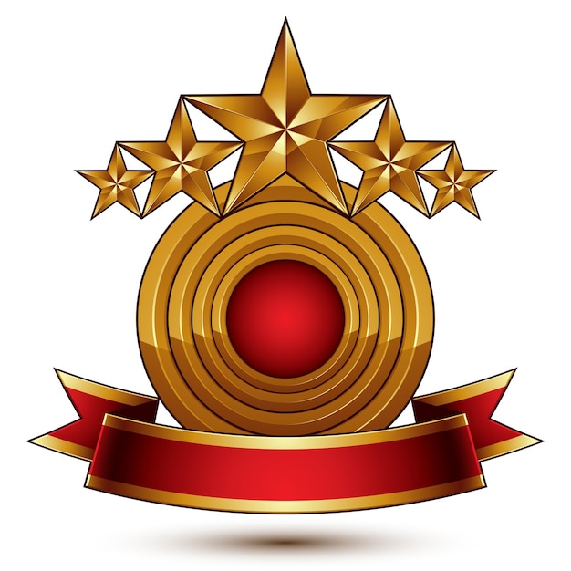 Symbole Royal Classique Vectoriel 3d Avec Cinq étoiles Dorées Sophistiquées Et Ruban Ondulé Décoratif Rouge, élément Doré Brillant Isolé Sur Fond Blanc. Blason élégant.