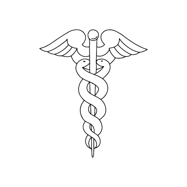 Vecteur symbole de santé du caducée baguette d'asclépios. linéaire, illustration dessinée à la main.