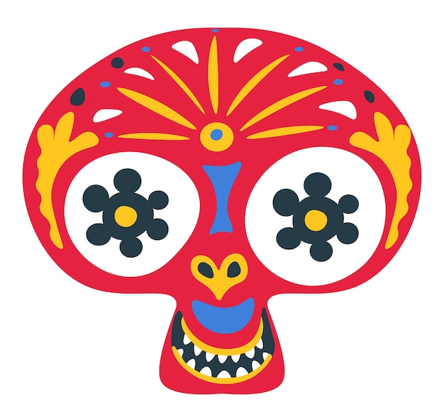 Symbole Traditionnel De L'halloween Mexicain, Crâne Avec Ornements Et éléments Décoratifs. Carnaval Ou Signe Pour Le Jour Des Morts. Motif Hispanique De Peinture, Calavera Pour La Célébration, Vecteur Dans Un Style Plat