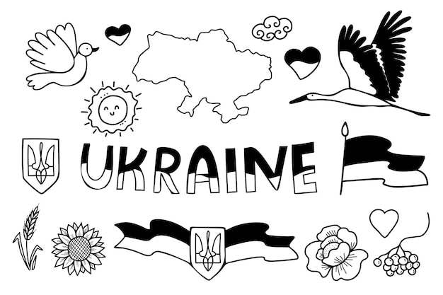 Symbole Ukrainien Drapeau Et Tournesol Cigogne Et Colombe épillet De Grain Et Carte De L'ukraine Dessinés à La Main