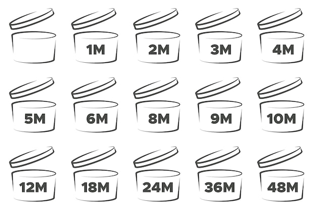 Vecteur symbole de vecteur pao période après l'ouverture de l'ensemble d'icônes étagère de durée de vie du mois ouvert cosmétique expiration