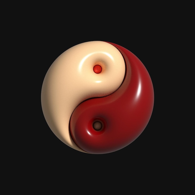 Symbole yin yang rouge et blanc 3D avec le mot yin yang dessus