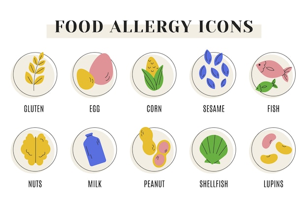 Vecteur symboles d'allergie alimentaire dessinés à la main