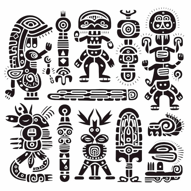 Vecteur symboles amérindiens aztèques maya inca figurines de tribus amérindiennes tatouage ensemble vectoriel