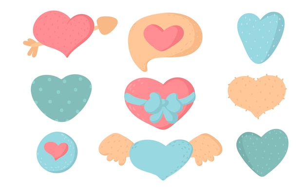 Symboles D'amour Doodle Coeurs Dessinés à La Main Collection De Coeurs D'amour éléments Plats De Dessin Animé Pour La Saint-valentin