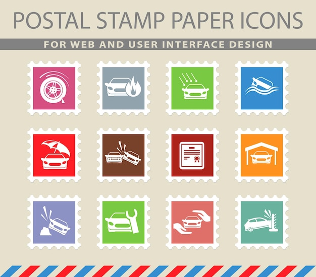 Vecteur symboles d'assurance automobile sur les icônes de papier de courrier