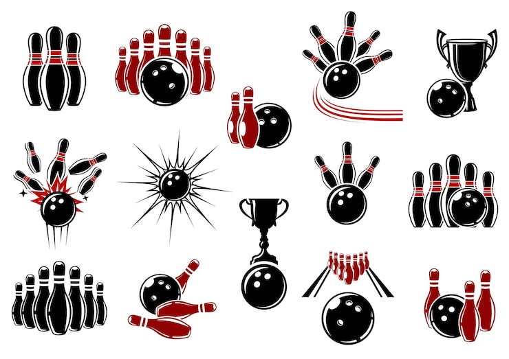 Vecteur symboles de bowling avec équipement et éléments de bandes dessinées