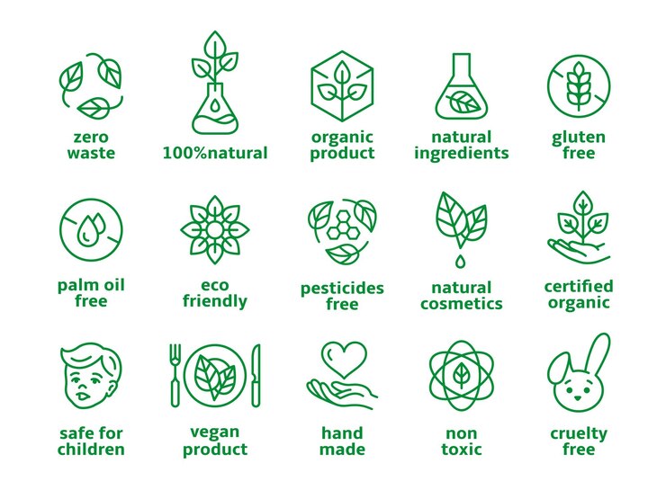Vecteur symboles cosmétiques bio icônes végétaliennes pictogramme éco beauté étiquette sans conservateurs et sans produits chimiques dans les produits de maquillage badges vectoriels bien rangés naturels