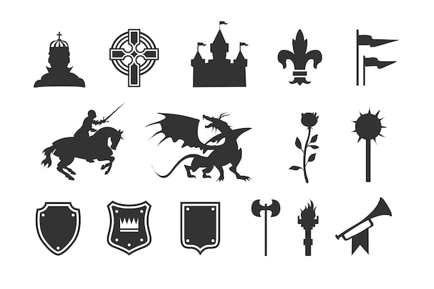 Vecteur symboles et éléments héraldiques. silhouettes d'art clip médiéval