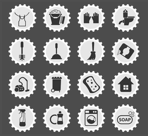Symboles de l'entreprise de nettoyage sur un timbre-poste rond icônes stylisées