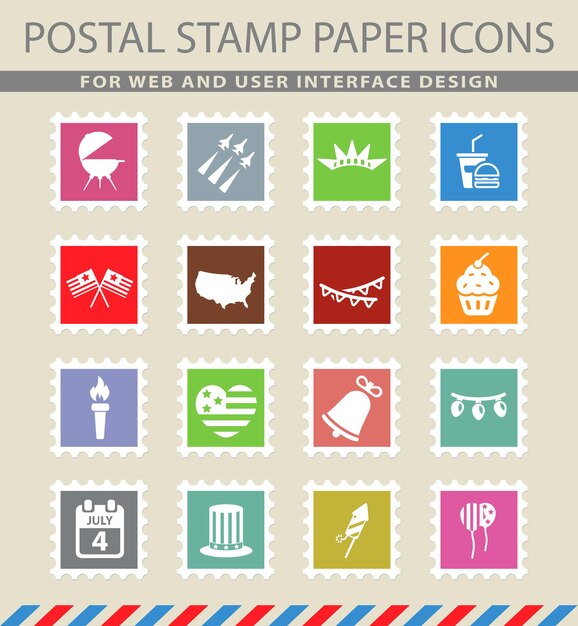 Symboles de la fête de l'indépendance sur les icônes de papier de courrier