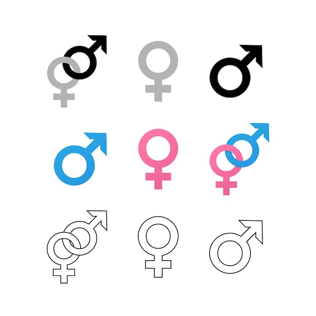 Symboles de genre masculin et féminin dans différents styles et couleurs isolés sur fond blanc Vecteur EPS 10
