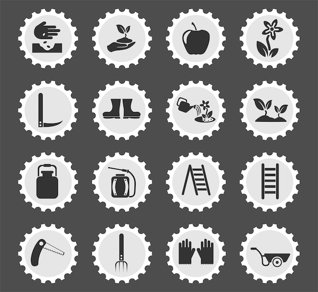 Symboles De Jardinage Sur Un Timbre-poste Rond Icônes Stylisées