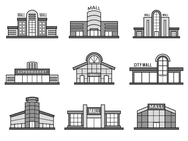 Symboles des magasins de détail. Icônes de supermarché façade du centre commercial bâtiment structure extérieure monochrome images vectorielles récentes. Détail de la façade, supermarché et magasin, illustration de l'architecture du magasin