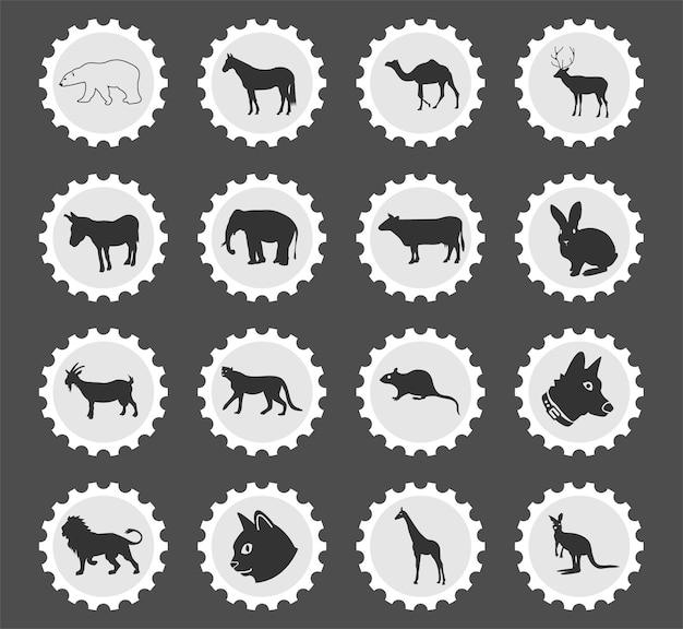 Vecteur symboles de mammifères sur un timbre-poste rond icônes stylisées