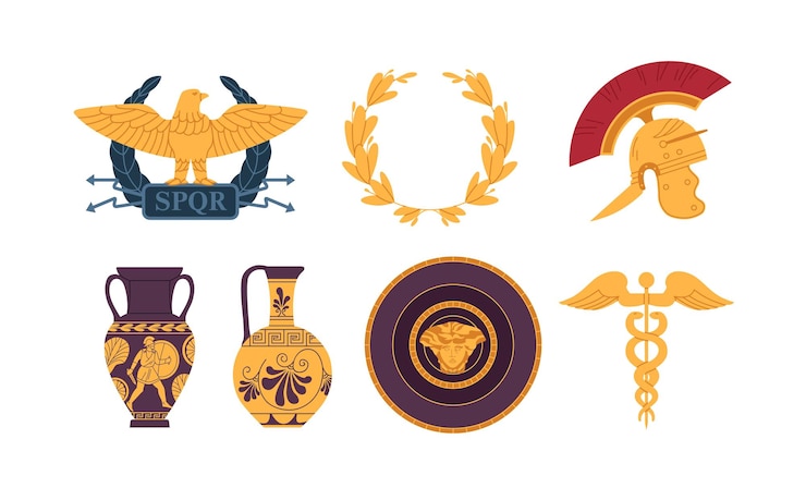 Vecteur symboles médiévaux de l'ancien empire romain. ensemble de blason d'aigle, couronne de laurier, casque de galea, vases amphores, assiette et caducée. objets de rome. illustration vectorielle plane isolée sur fond blanc.