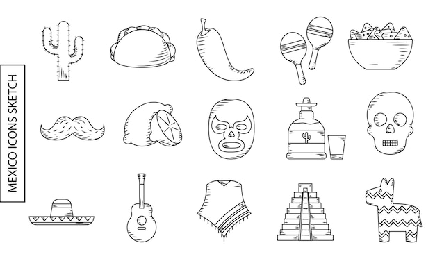 Des symboles mexicains dessinés à la main comme les tacos maracas et le vecteur pyramidale