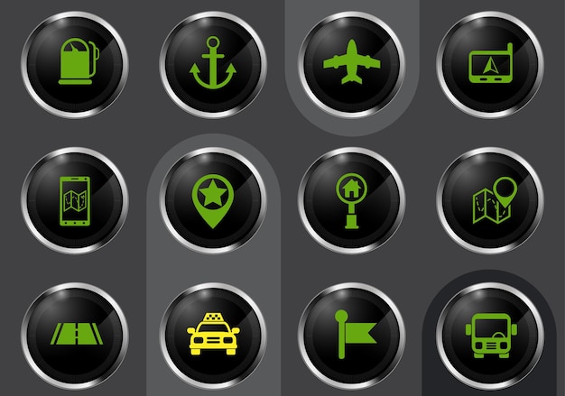 Symboles de navigation sur les boutons brillants noirs