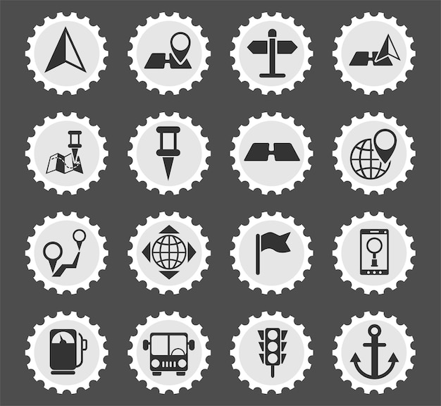 Symboles De Navigation Sur Un Timbre-poste Rond Icônes Stylisées