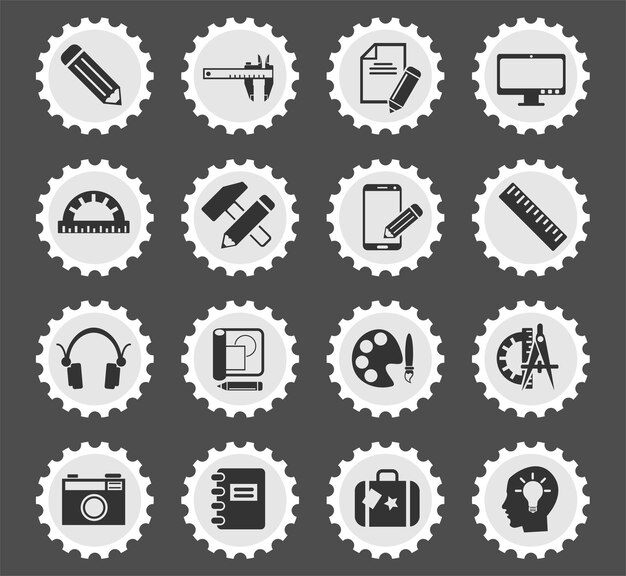 Symboles De Processus Créatifs Sur Un Timbre-poste Rond Icônes Stylisées