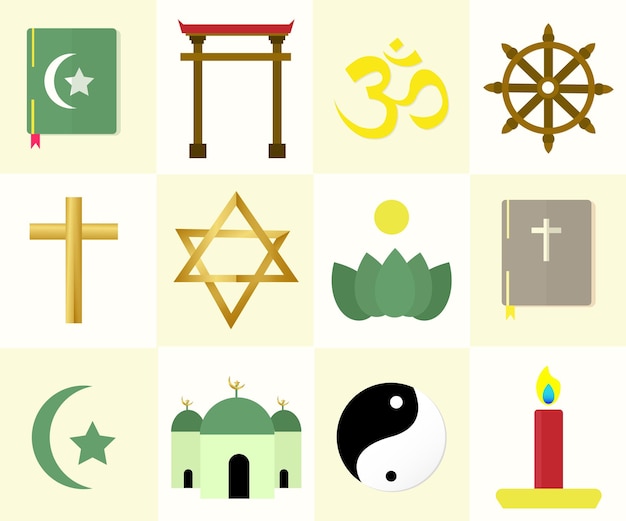 Les symboles religieux mixtes sont fixés vecteur christianité bouddhisme islam shintoïsme taoïsme hindouisme judaïsme