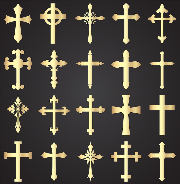 Vecteur des symboles religieux en or sur une croix