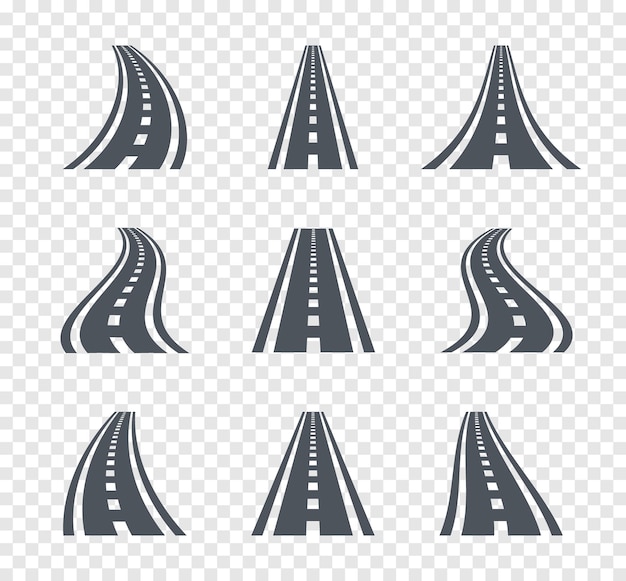 Vecteur symboles de route incurvée. illustration de signe autoroute et chaussée sur fond transparent.