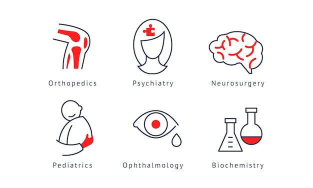 Symboles de spécialisation médicale définis orthopédie psychiatrie neurochirurgie biochimie pédiatrie ophtalmologie vecteur Illustration isolé sur fond blanc