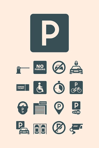 Vecteur symboles de stationnement. payé de l'argent garage auto park voitures vélos autobus systèmes de stationnement automatique fixés.