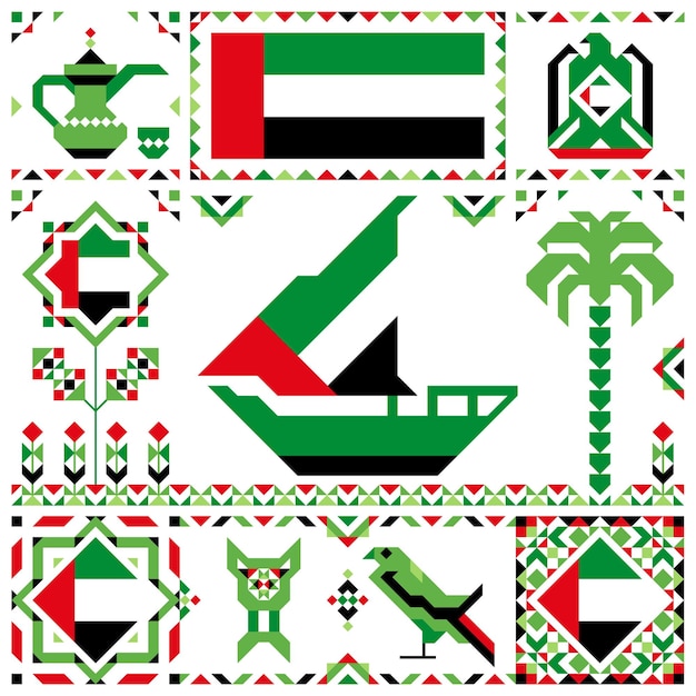 Vecteur symboles traditionnels des émirats arabes unis pour célébrer la fête nationale et le jour du drapeau