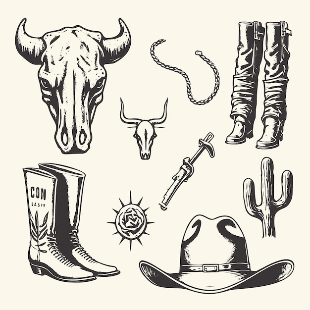 Vecteur symboles vintage du far west dans une illustration de croquis vectoriel dessinée à la main, y compris un chapeau de cowboy, des bottes de crâne de vache et des icônes d'armes à feu