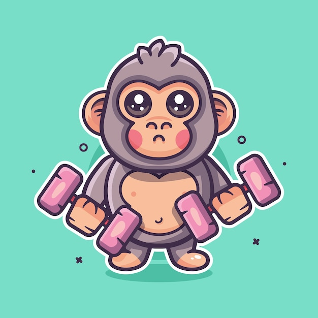 Vecteur sympa gorille personnage animal mascotte faisant du bodybuilding en utilisant un haltère dessin animé isolé