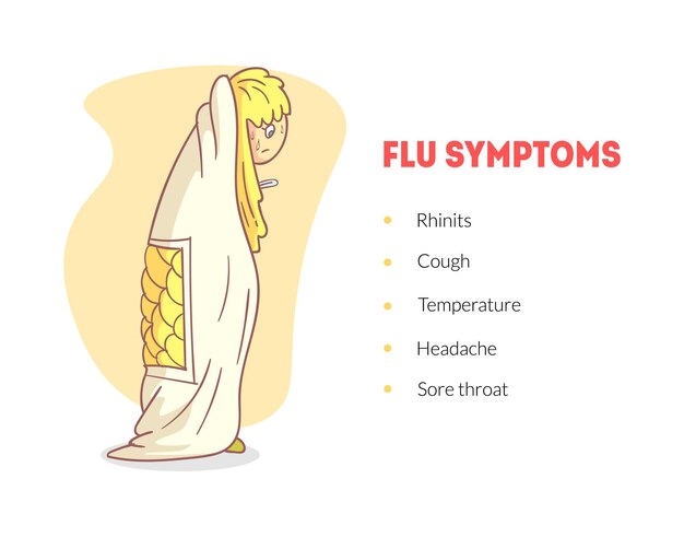 Vecteur symptômes de la grippe modèle de bannière garçon en mauvaise santé enveloppé dans une couverture avec température maux de tête rhinite illustration vectorielle