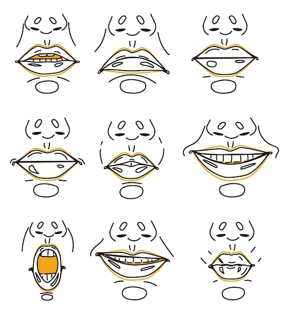 Vecteur synchronisation des lèvres vectorielles définie collection de lèvres humaines pour l'animation et la synchronisation des lèvres triste, sourire, en colère