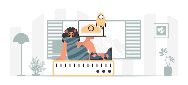 Synchronisation et sécurité du concept de capacité d'information La dame énergique tient un nuage d'informations et un serveur Illustration vectorielle de style tendance
