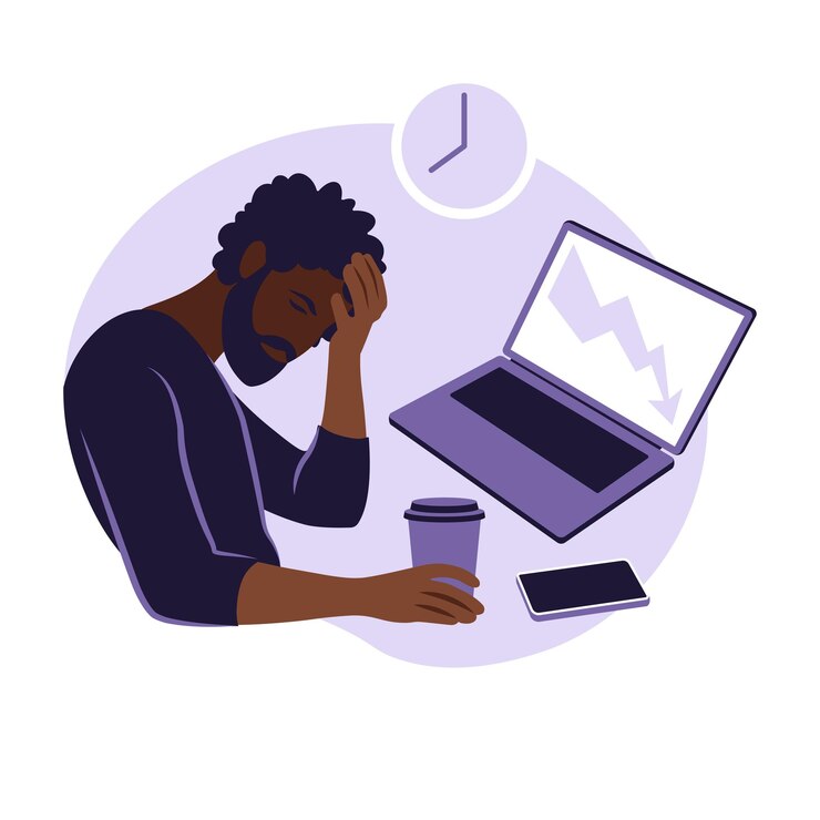 Syndrome d'épuisement professionnel. Illustration fatigué employé de bureau afro-américain assis à la table. Travailleur frustré, problèmes de santé mentale. Illustration vectorielle à plat.