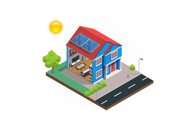 Vecteur système de diagramme de cellules solaires de maison moderne isométrique